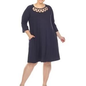 White Mark Criss Cross Neck Navy Blue Relaxed Fit Swing Midi Dress Plus 3XL NWT